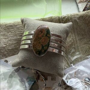Silver Cuff Bracelet with Green and Brown Gemstone Stone